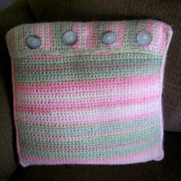Crochet Stripe Wool Decorative Throw Pillow Pink Green Beige - Picture 1 of 4